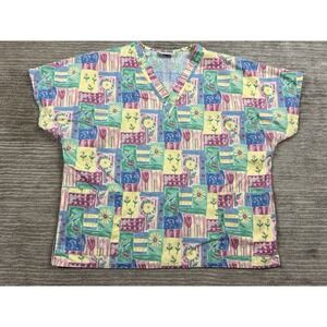 Jasco Uniform Scrub Top Womens Large Multicolor Floral V-Neck Short Sleeve